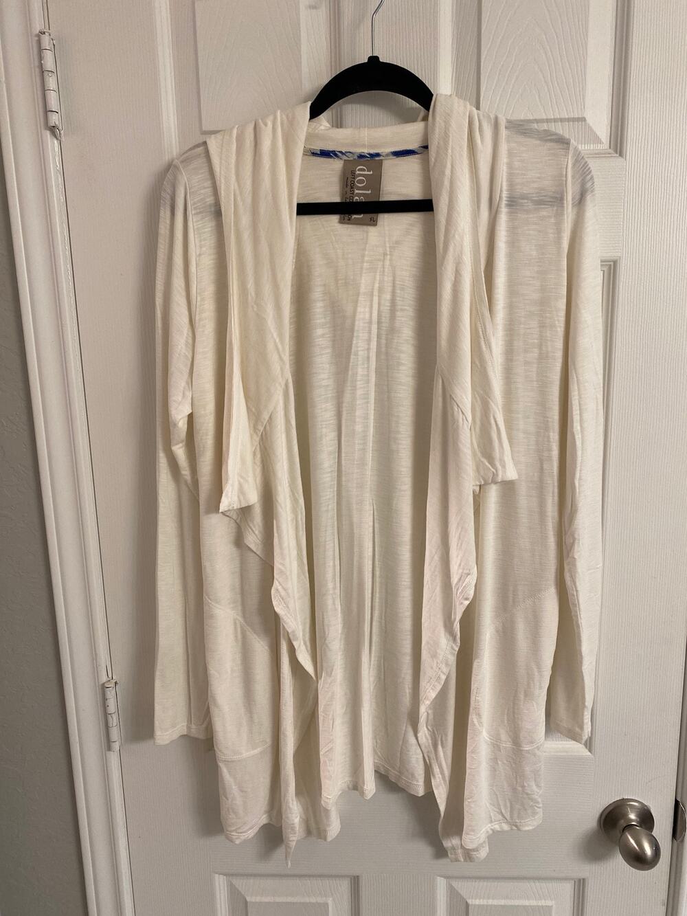 Dolan Left Coast Collection Slub Knit Draped Cardigan XL Cream Hooded Open Front